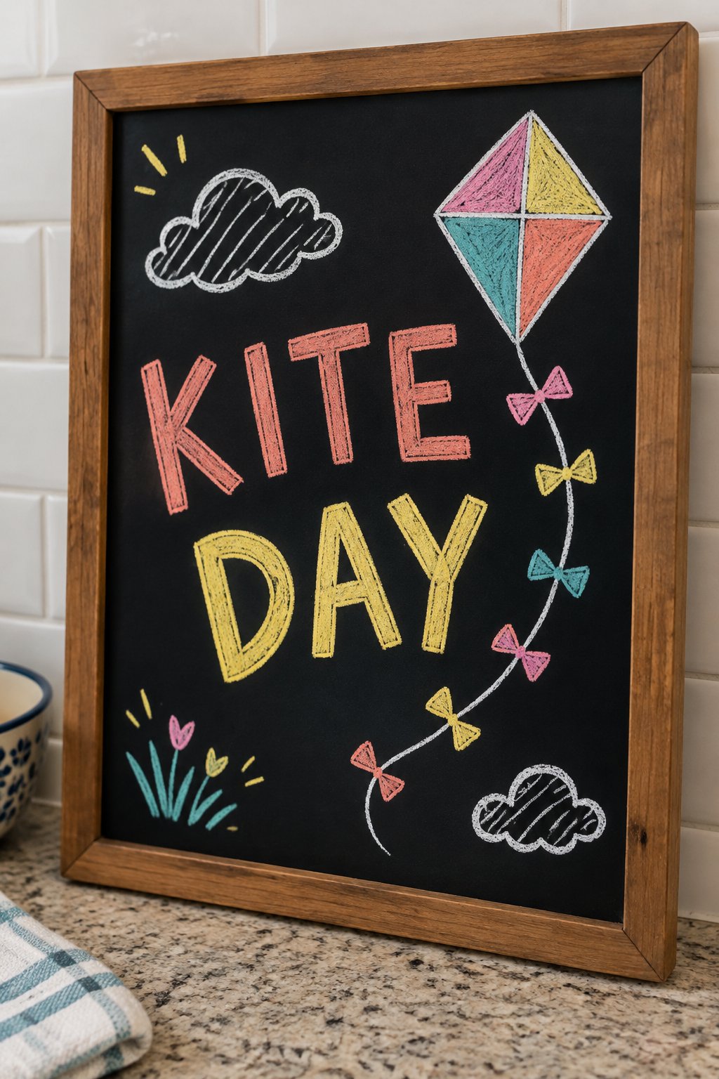 Kite Day: a hand-drawn spring chalkboard sign reading "KITE DAY".