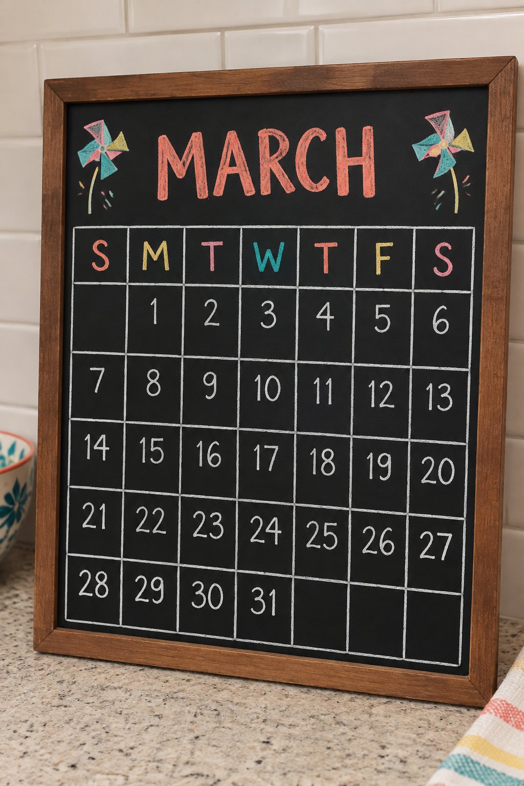 Pinwheel Grid: a hand-drawn spring chalkboard sign reading "MARCH".