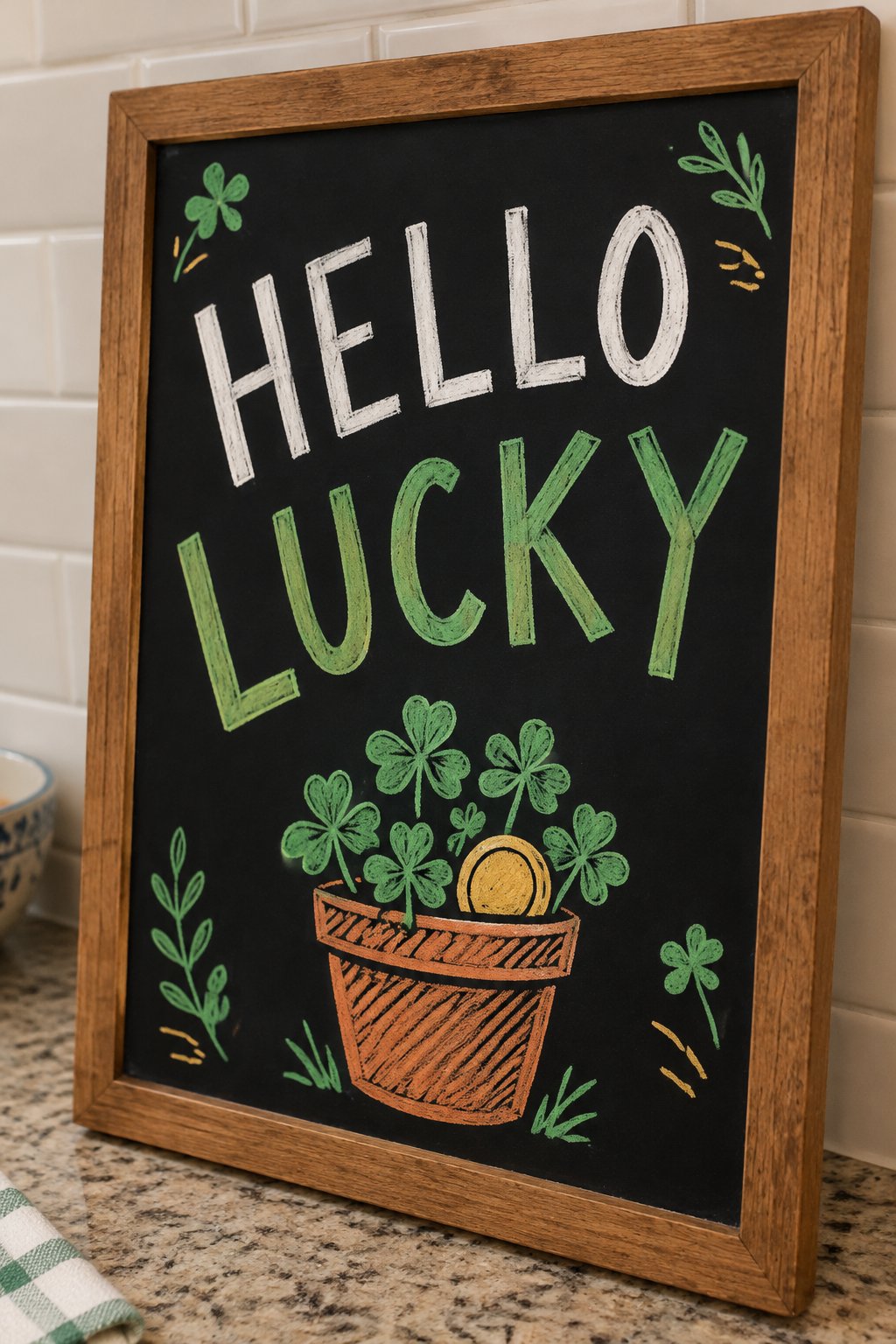 Porch Pot: a hand-drawn stpatricks chalkboard sign reading "HELLO LUCKY".