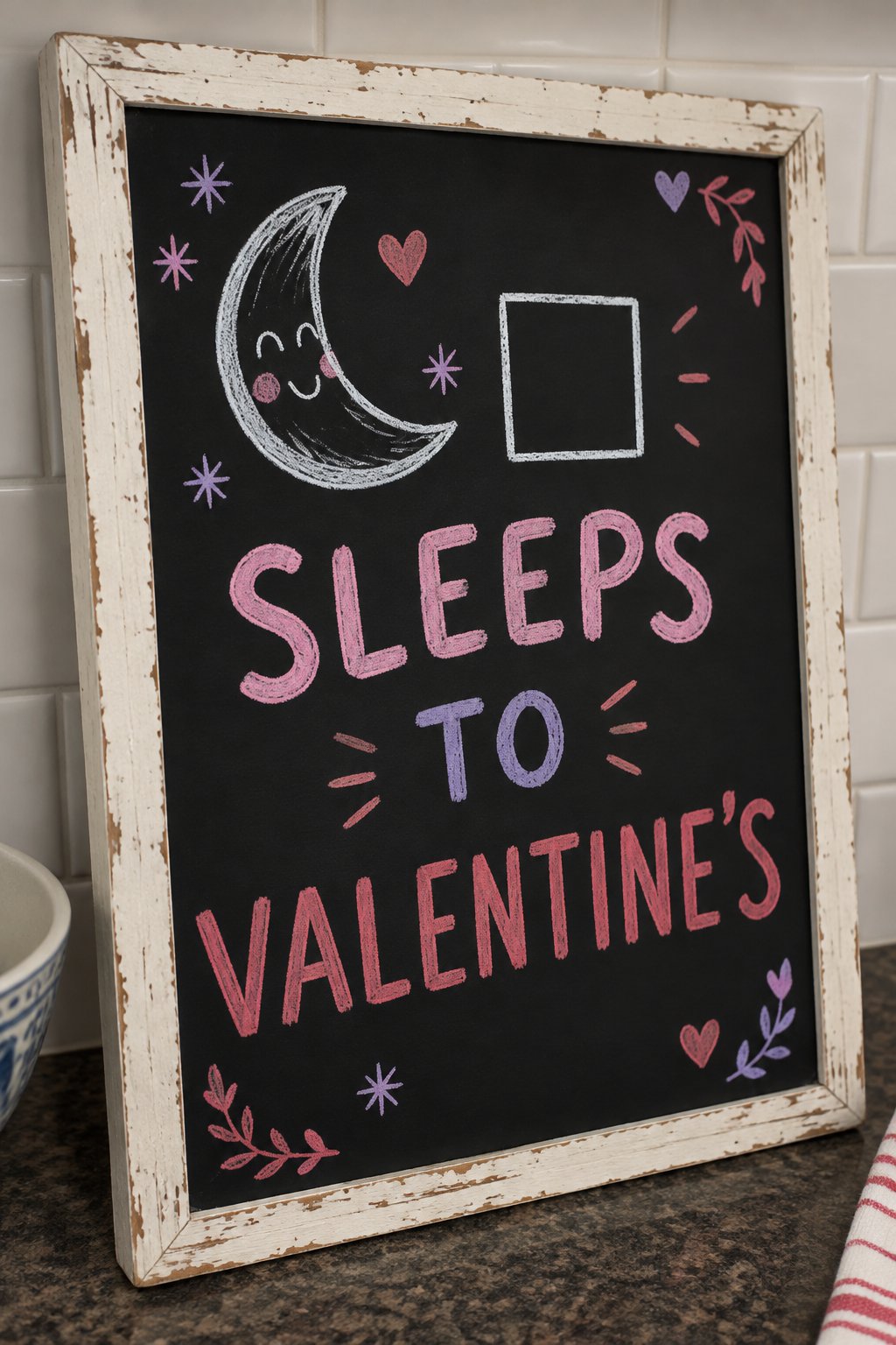 Sleeps to Valentine's: a hand-drawn valentines chalkboard sign reading "SLEEPS TO VALENTINE'S".