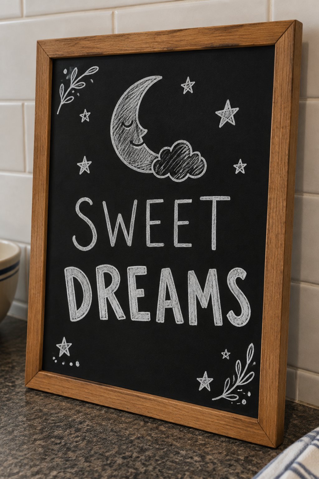 Sweet Dreams: a hand-drawn winter chalkboard sign reading "SWEET DREAMS".