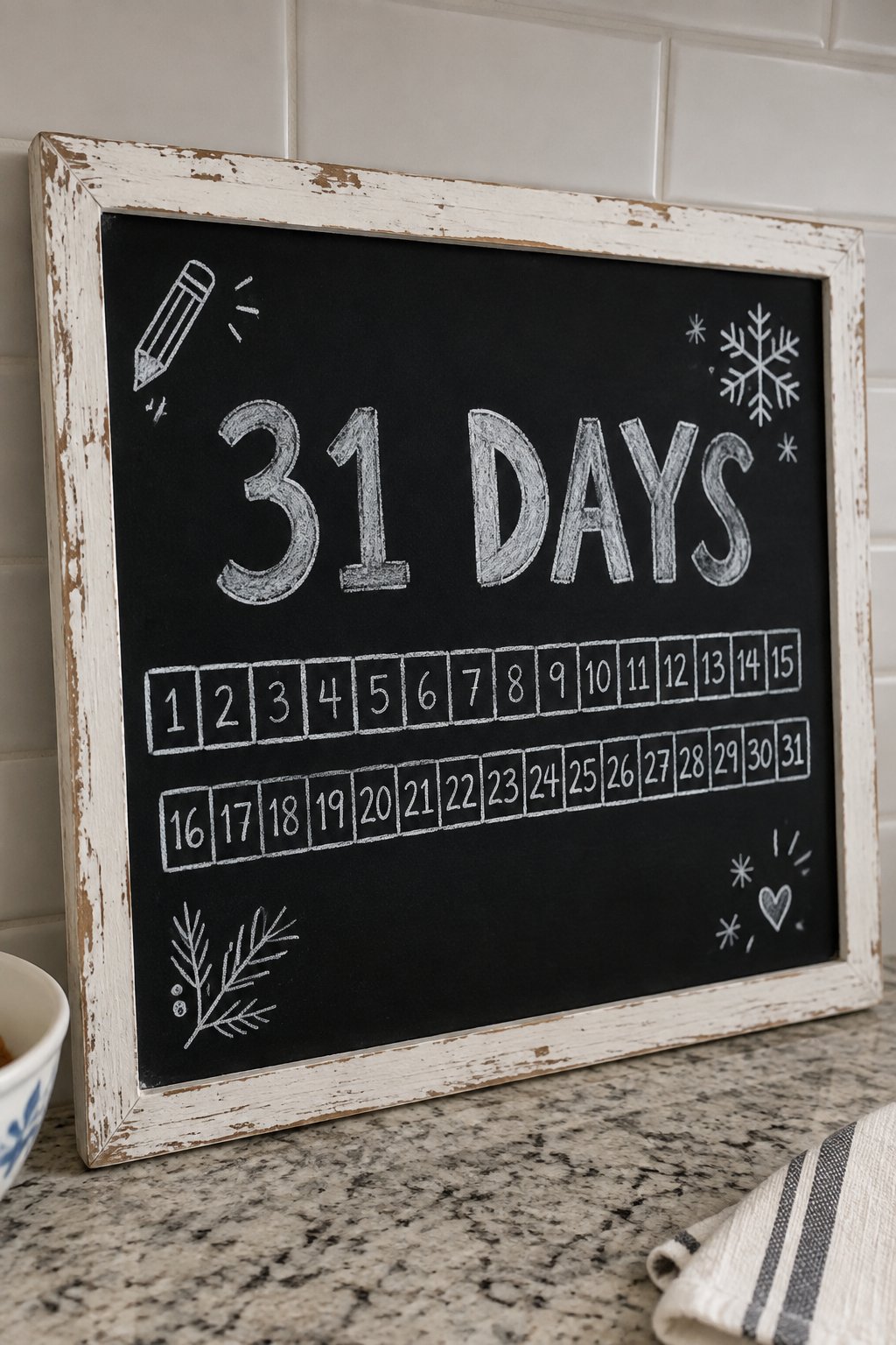 Thirty-One Day Strip: a hand-drawn winter chalkboard sign reading "31 DAYS".