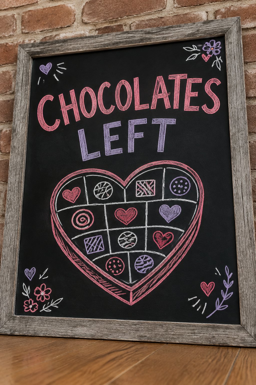 Chocolate Box Countdown: a hand-drawn valentines chalkboard sign reading "CHOCOLATES LEFT".