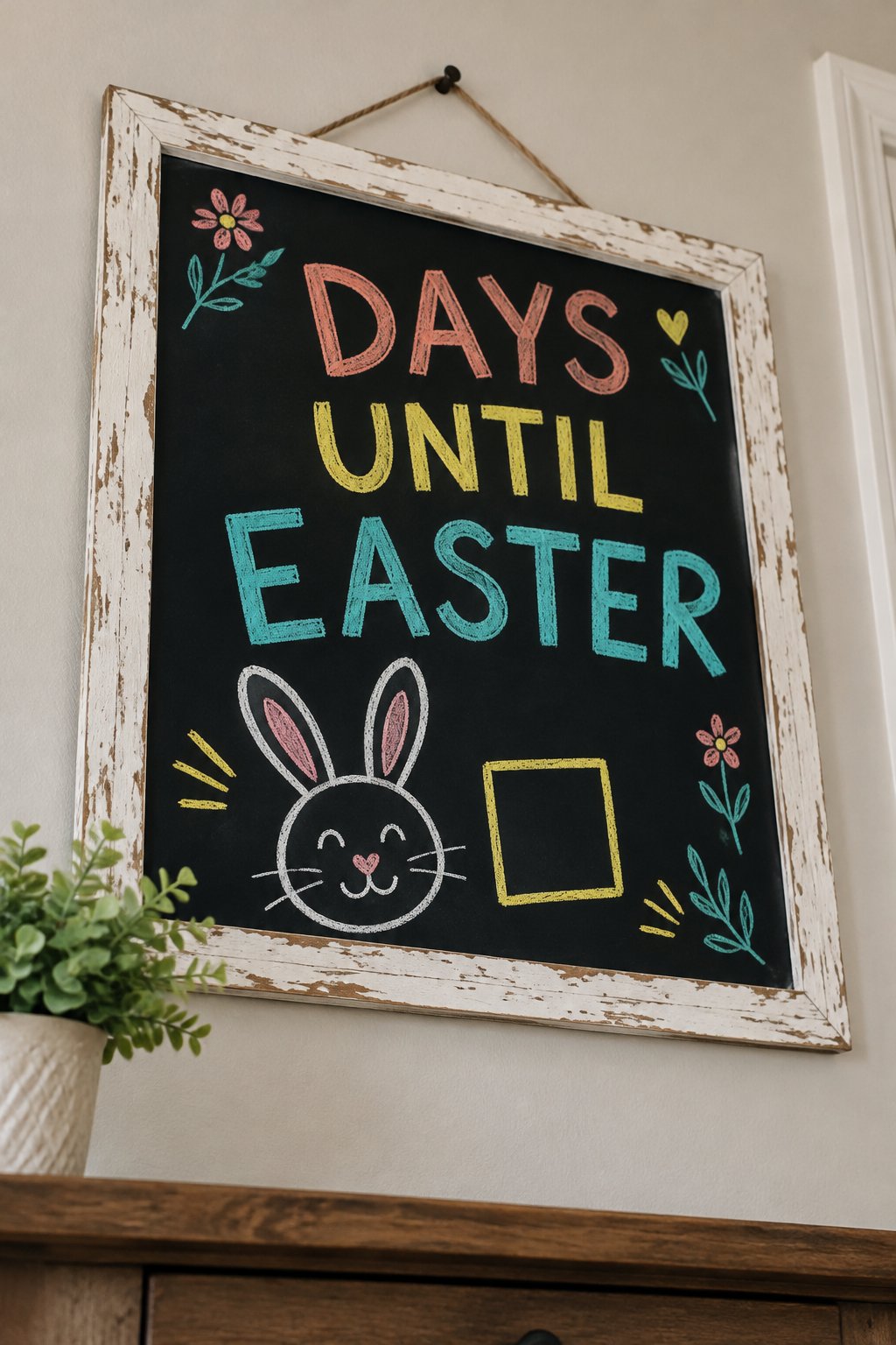 Days Until Easter: a hand-drawn spring chalkboard sign reading "DAYS UNTIL EASTER".