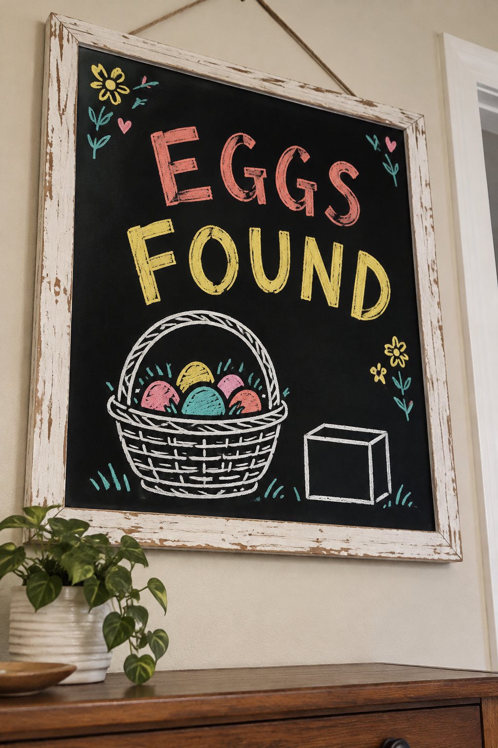 Eggs Found: a hand-drawn spring chalkboard sign reading "EGGS FOUND".