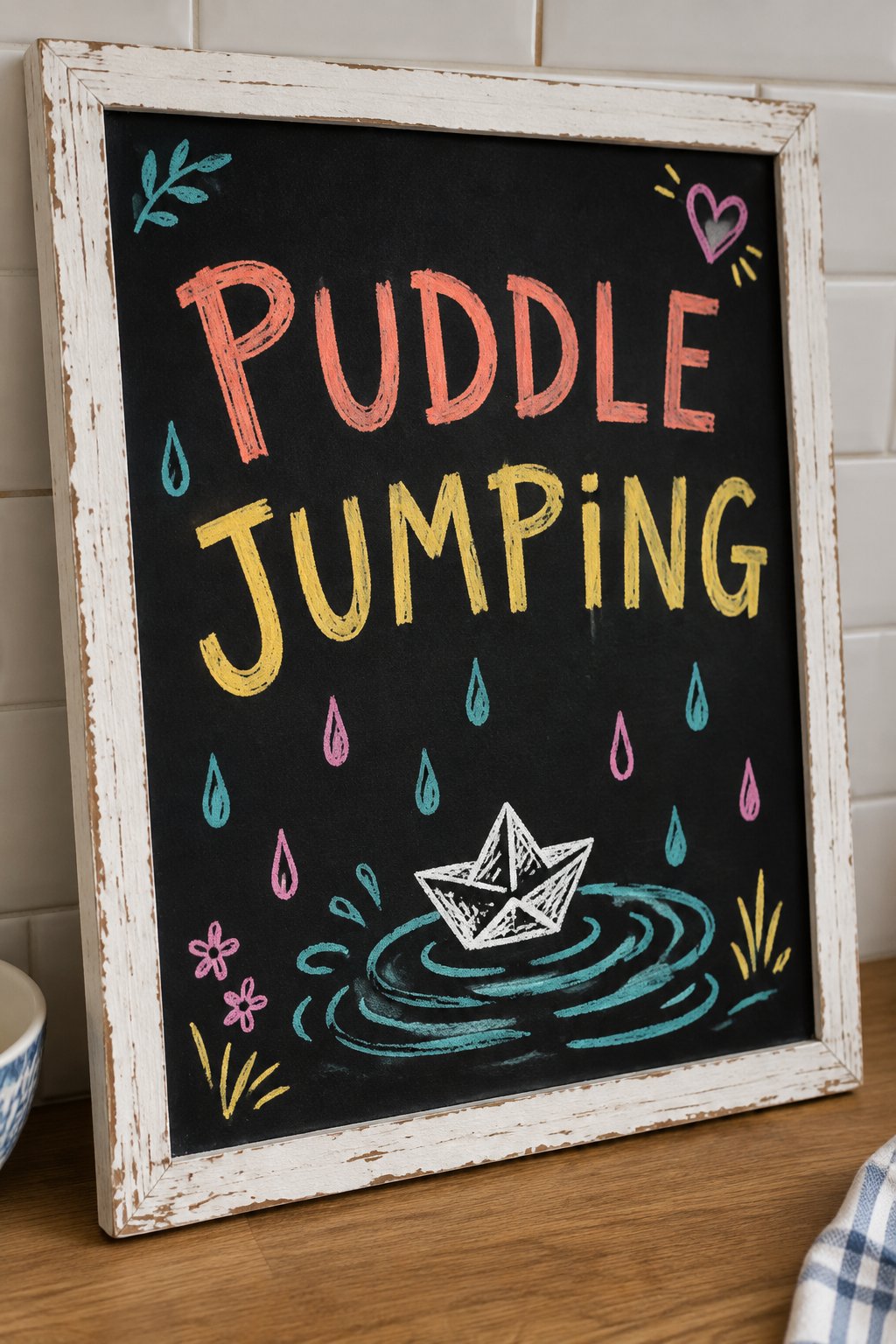 Puddle Splash: a hand-drawn spring chalkboard sign reading "PUDDLE JUMPING".