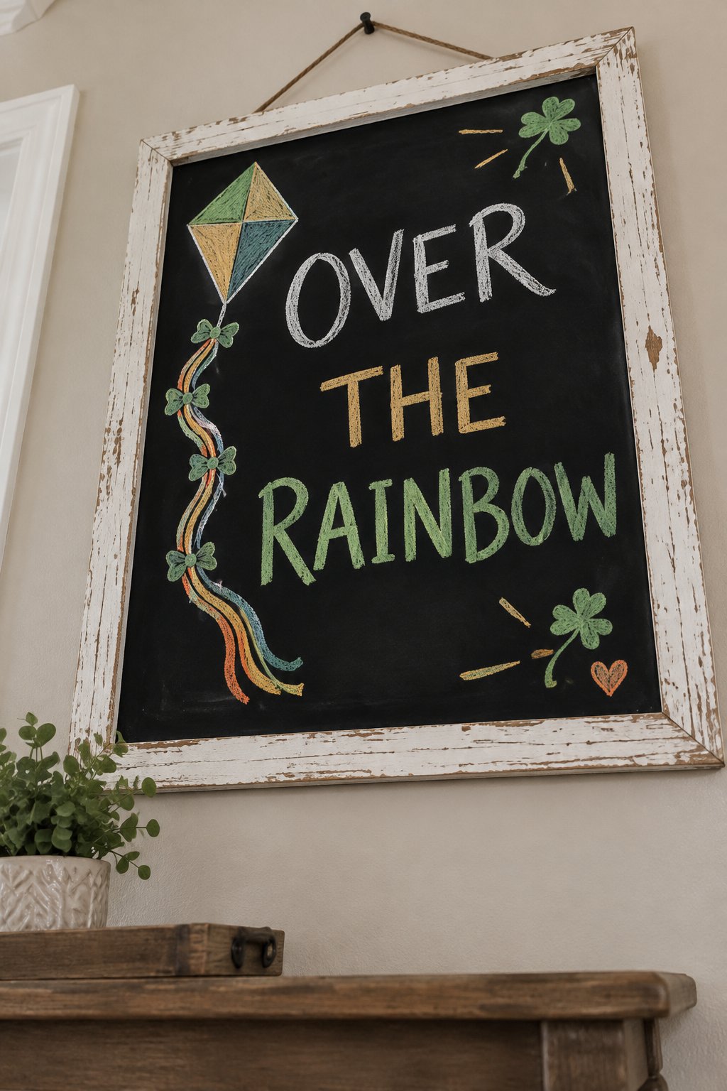 Rainbow Kite: a hand-drawn stpatricks chalkboard sign reading "OVER THE RAINBOW".