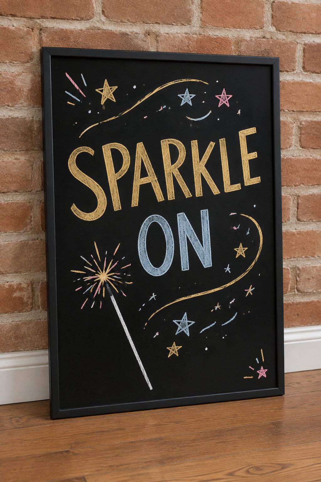 Sparkler Spiral: a hand-drawn newyear chalkboard sign reading "SPARKLE ON".