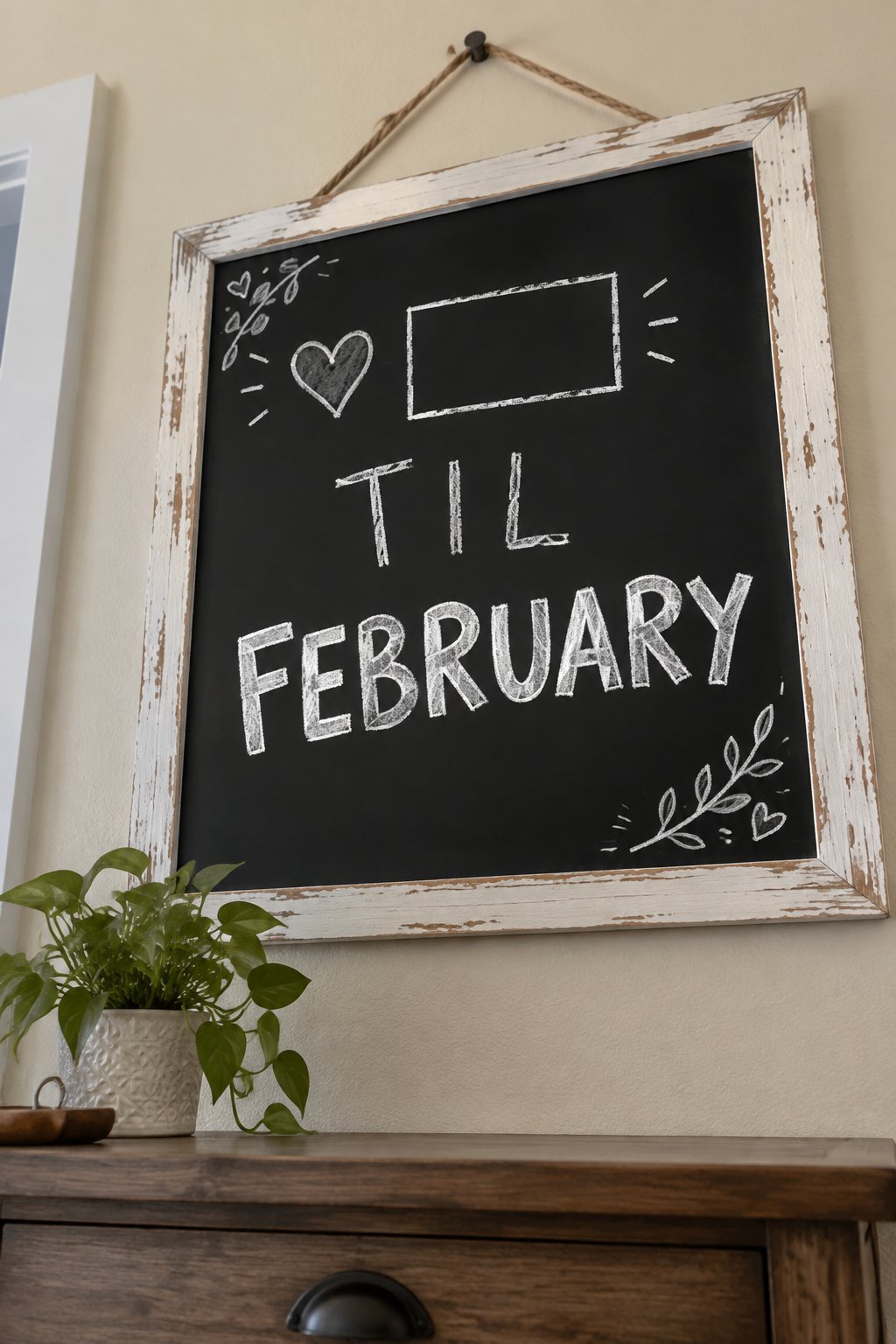 Til February: a hand-drawn winter chalkboard sign reading "TIL FEBRUARY".