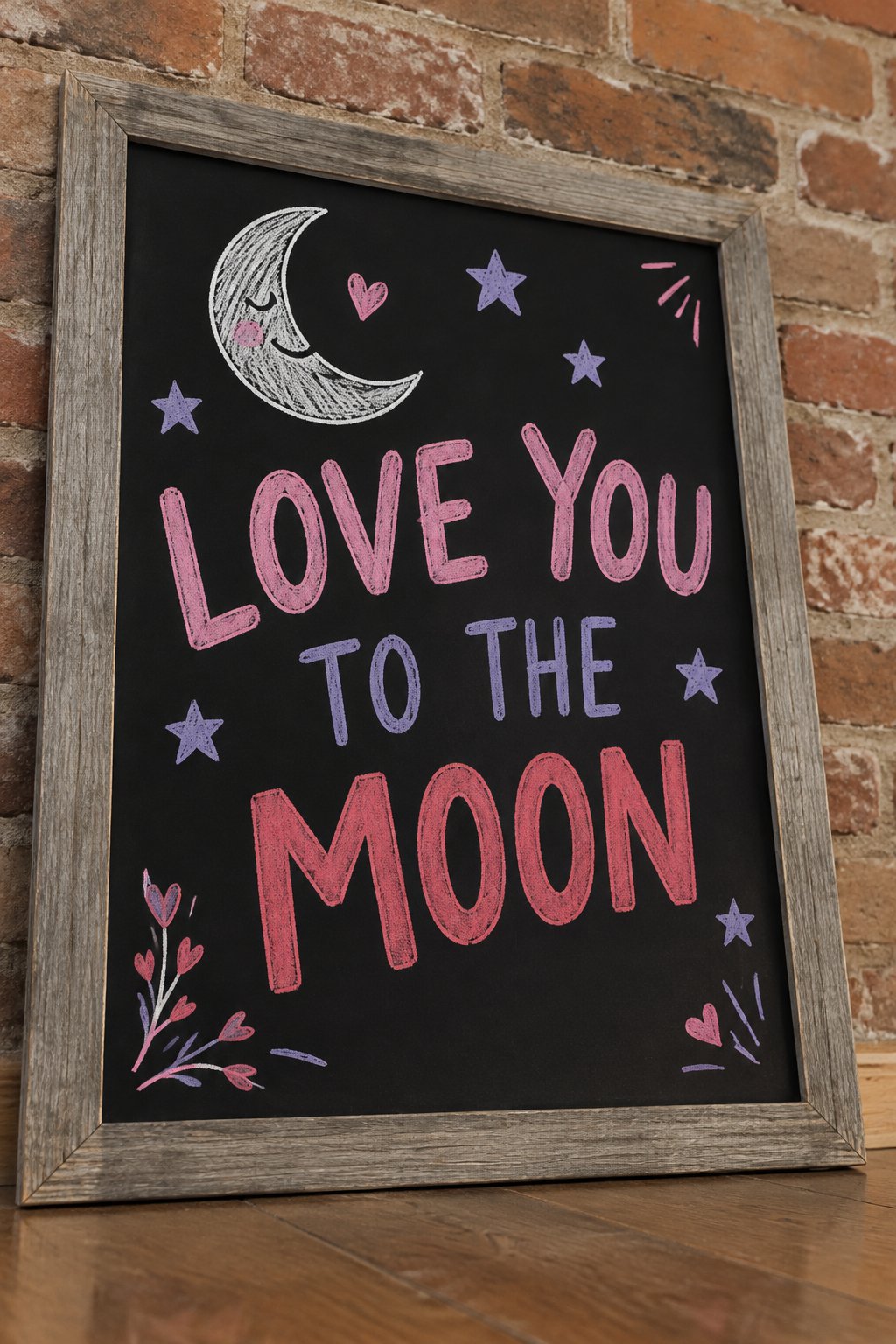 To the Moon: a hand-drawn valentines chalkboard sign reading "LOVE YOU TO THE MOON".