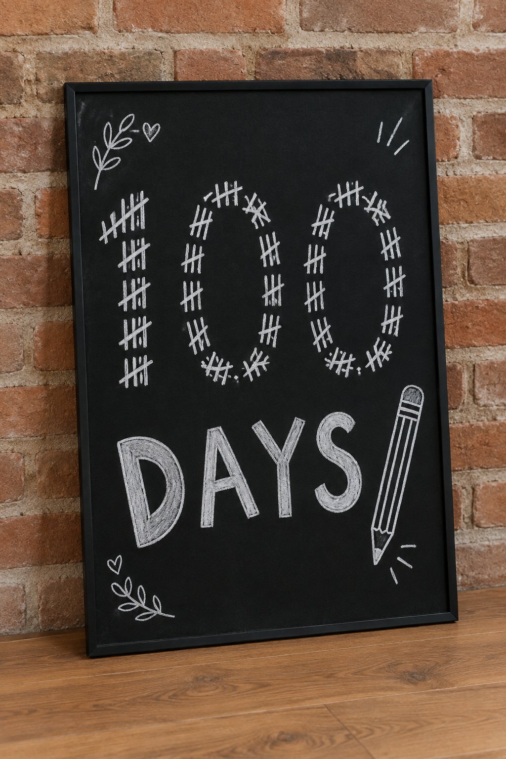 100 Days of School: a hand-drawn winter chalkboard sign reading "100 DAYS".