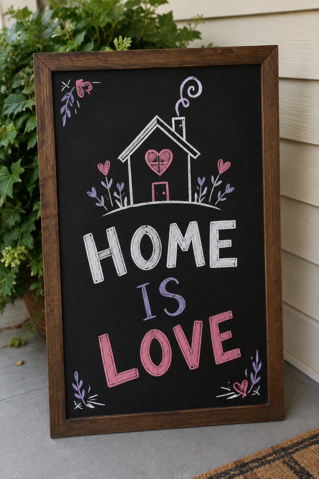 Home Is Love: a hand-drawn valentines chalkboard sign reading "HOME IS LOVE".