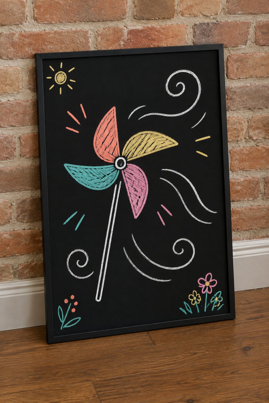 Pinwheel Breeze: a hand-drawn spring chalkboard sign drawn without words, a bright pinwheel with swirling wind lines.