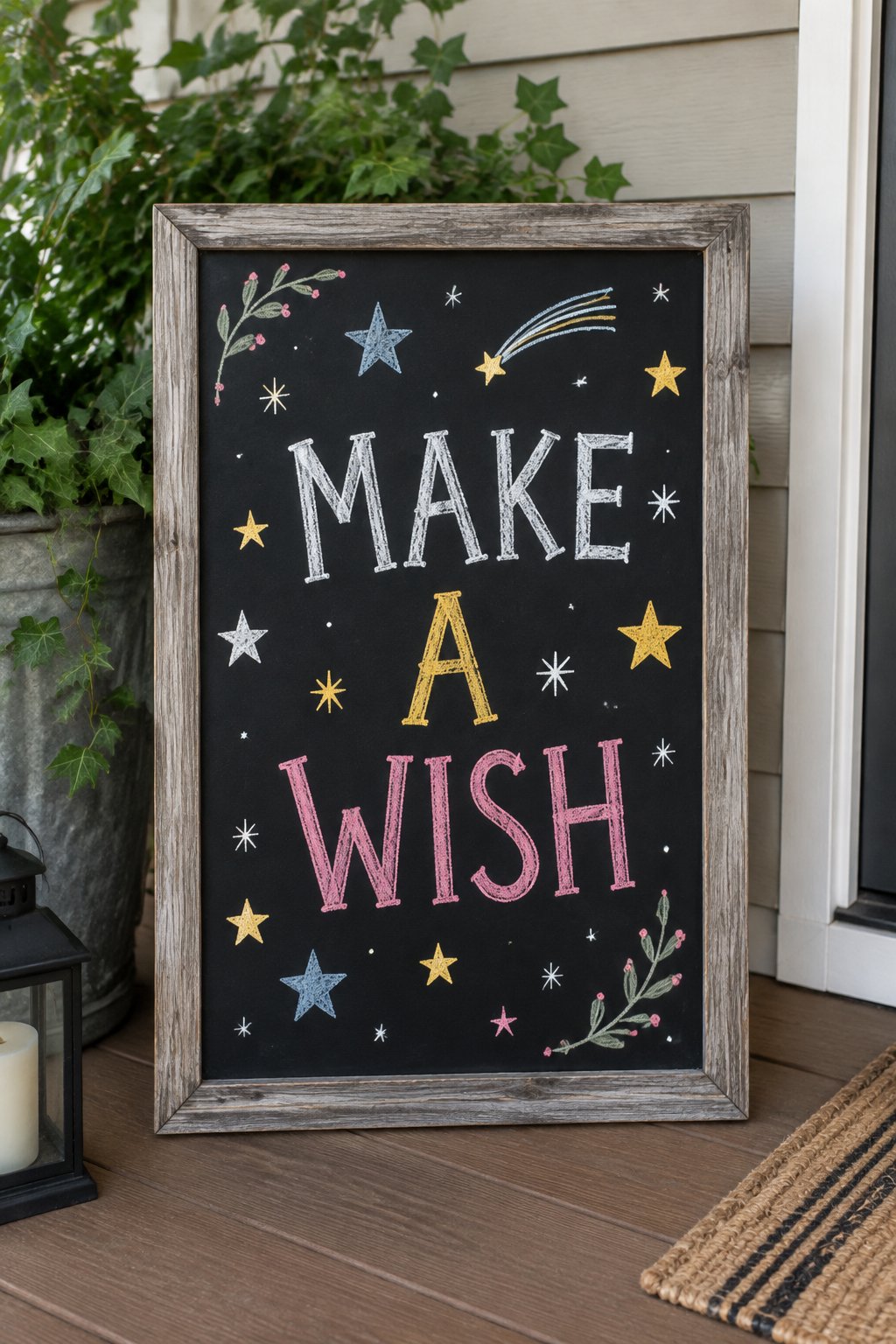 Starry Sky: a hand-drawn newyear chalkboard sign reading "MAKE A WISH".