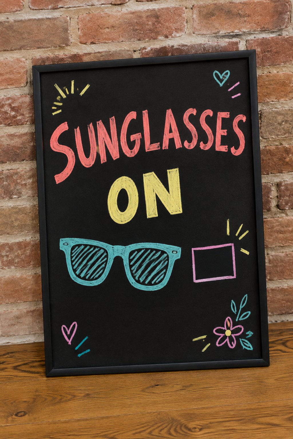 Sunglasses On: a hand-drawn spring chalkboard sign reading "SUNGLASSES ON".