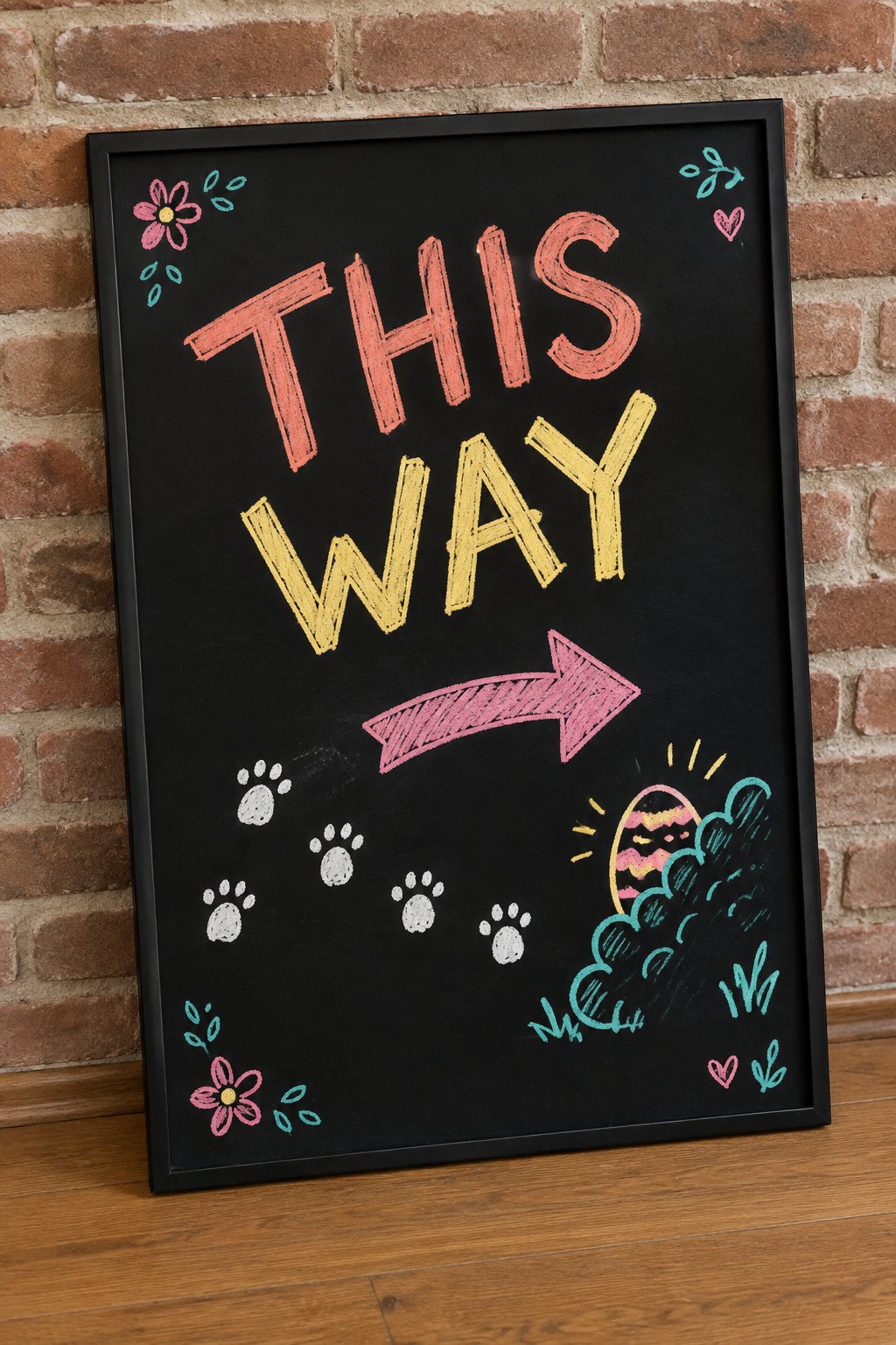 This Way: a hand-drawn spring chalkboard sign reading "THIS WAY".