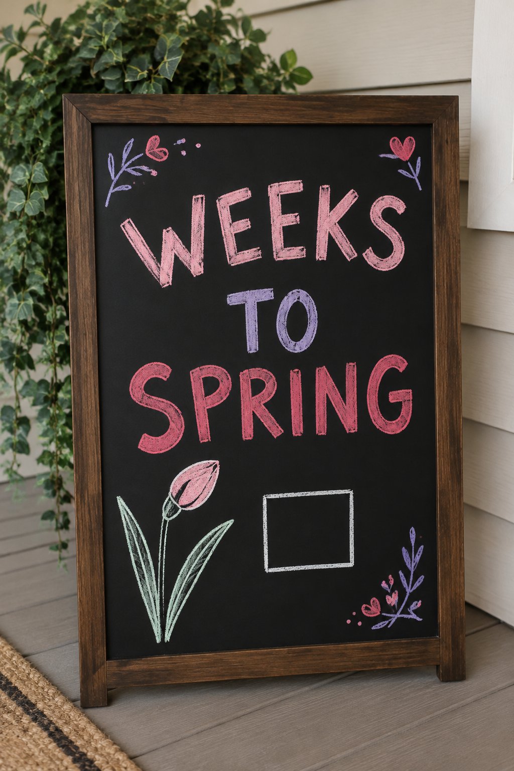 Weeks to Spring: a hand-drawn valentines chalkboard sign reading "WEEKS TO SPRING".