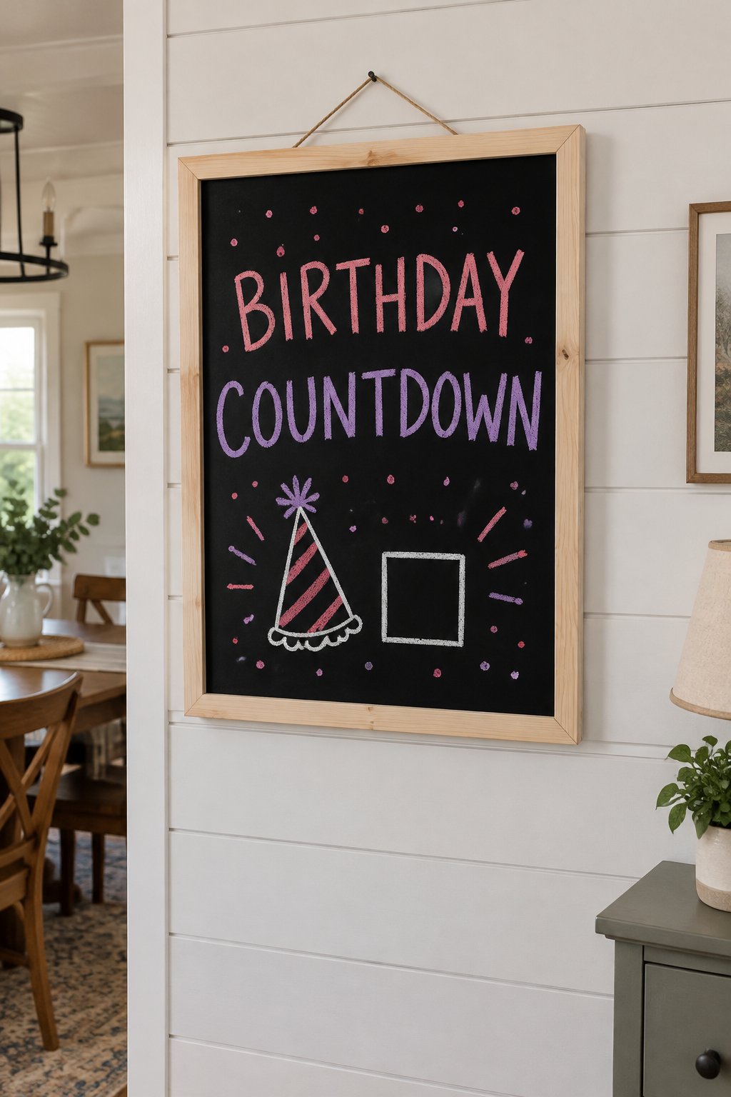 Birthday Countdown: a hand-drawn valentines chalkboard sign reading "BIRTHDAY COUNTDOWN".