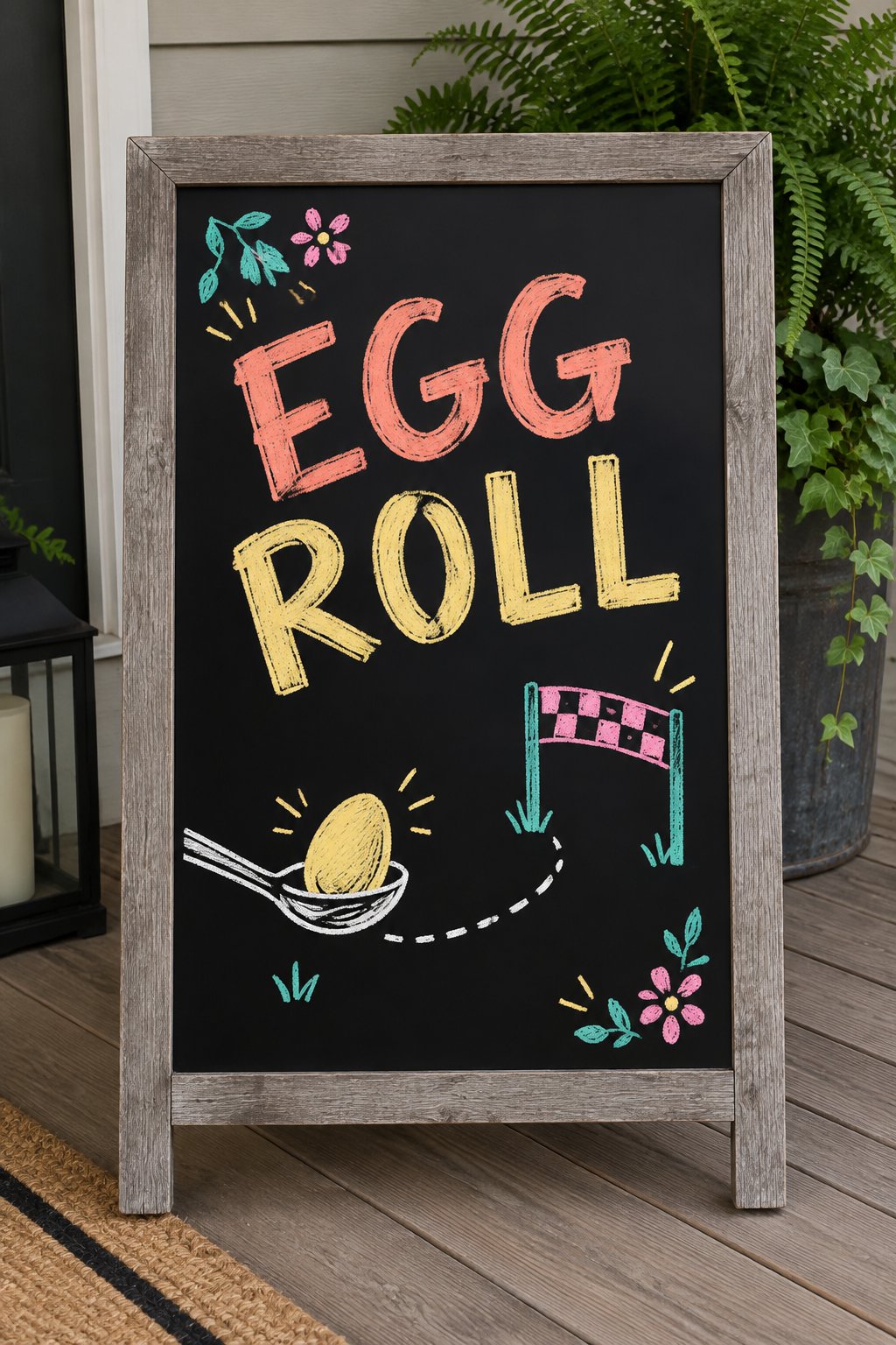 Egg Roll Race: a hand-drawn spring chalkboard sign reading "EGG ROLL".