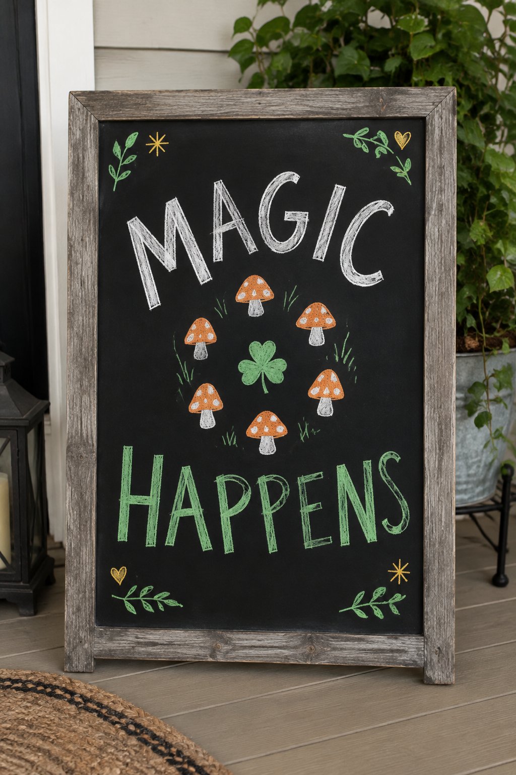 Fairy Ring: a hand-drawn stpatricks chalkboard sign reading "MAGIC HAPPENS".