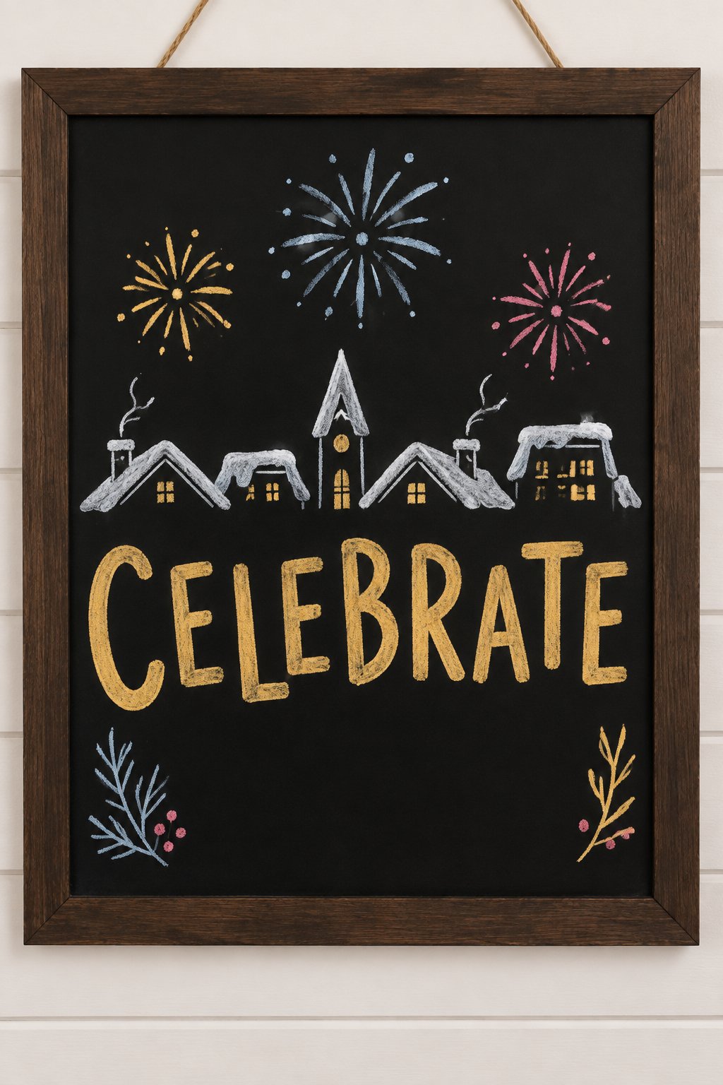 Fireworks Over Town: a hand-drawn newyear chalkboard sign reading "CELEBRATE".
