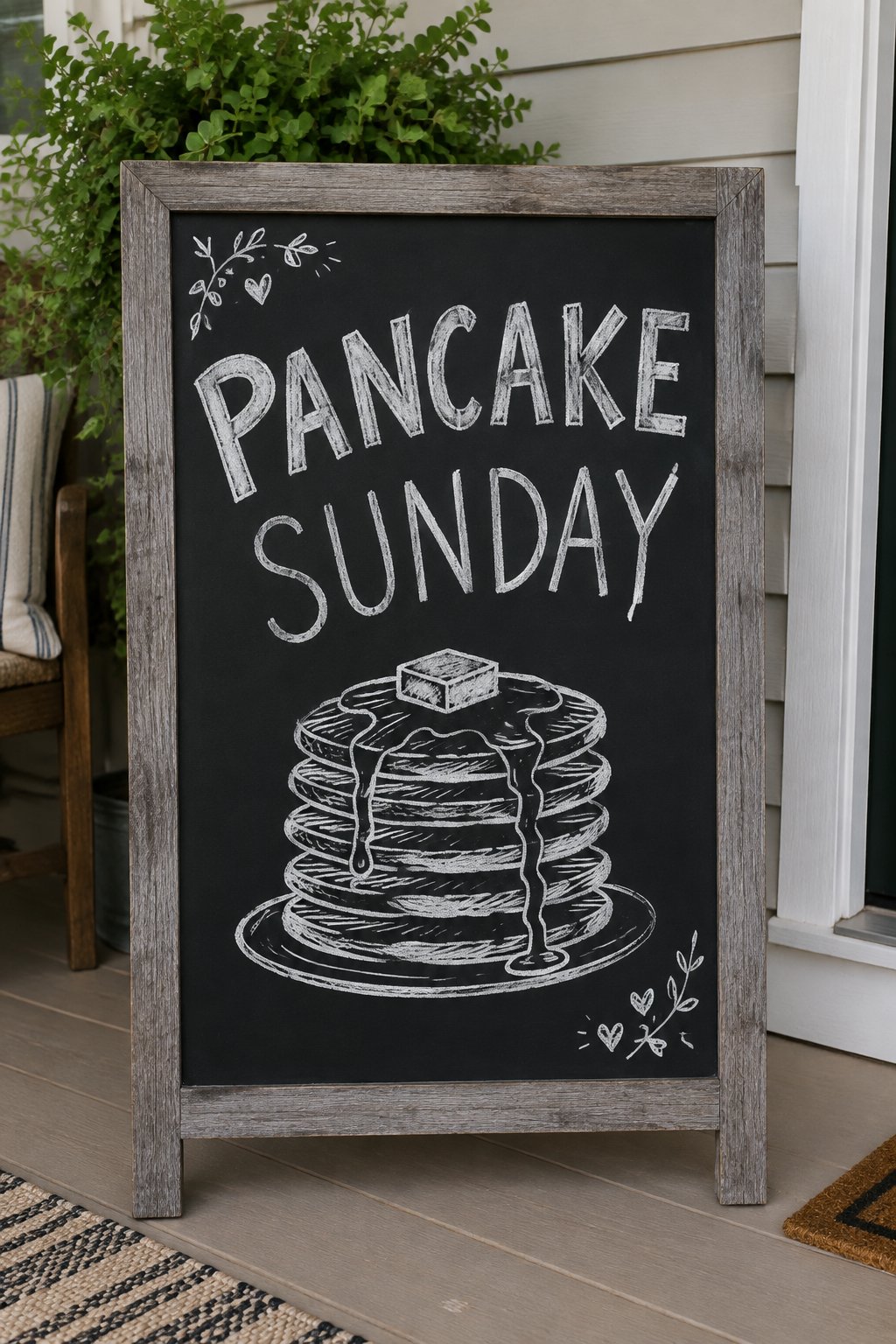 Pancake Sunday: a hand-drawn winter chalkboard sign reading "PANCAKE SUNDAY".