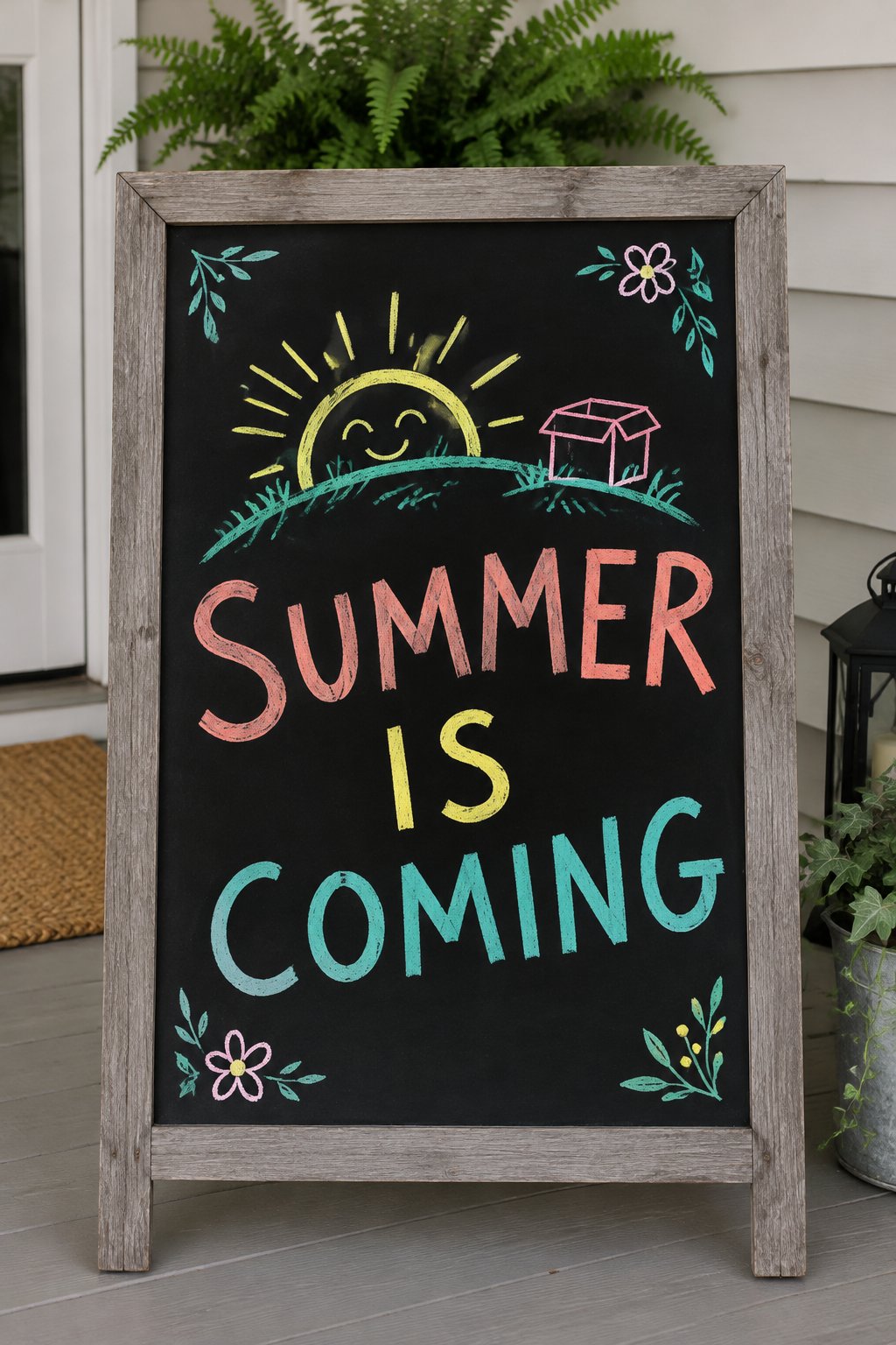 Weeks Until Summer: a hand-drawn spring chalkboard sign reading "SUMMER IS COMING".