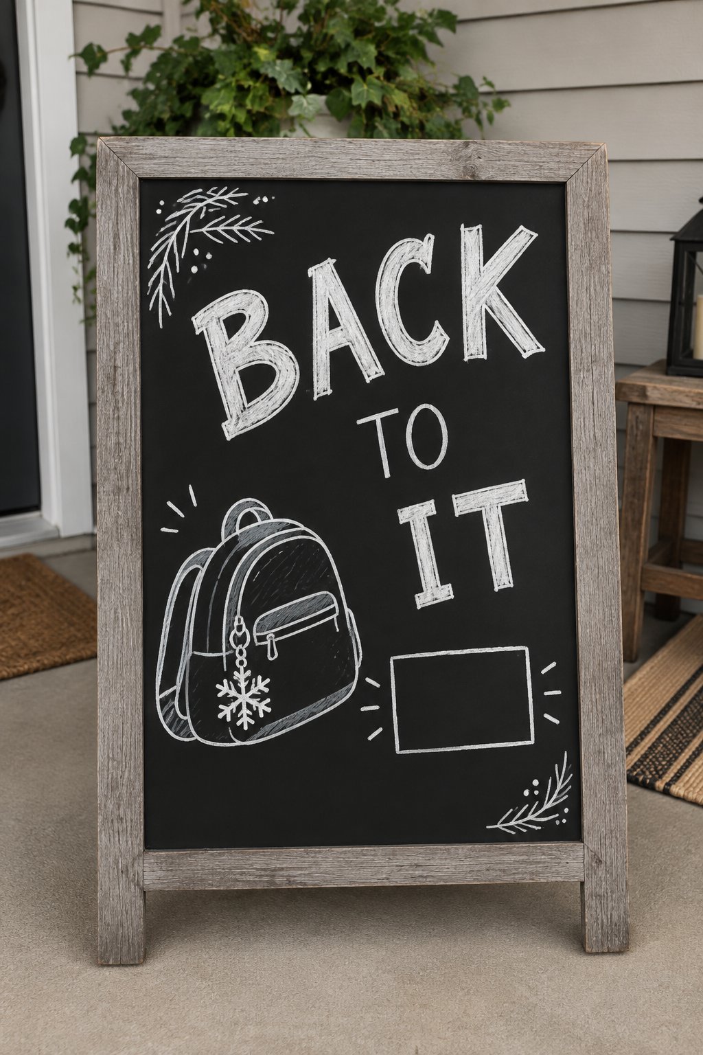 Winter Break Is Over: a hand-drawn winter chalkboard sign reading "BACK TO IT".