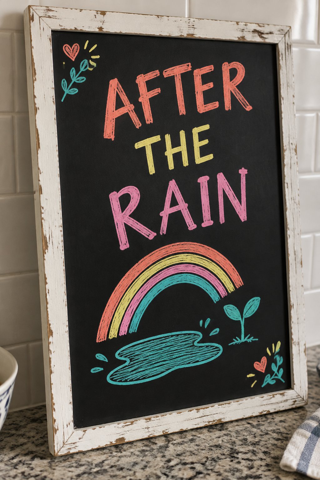 After the Rain: a hand-drawn spring chalkboard sign reading "AFTER THE RAIN".