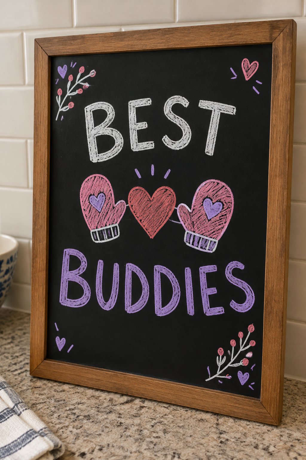 Best Buddies: a hand-drawn valentines chalkboard sign reading "BEST BUDDIES".