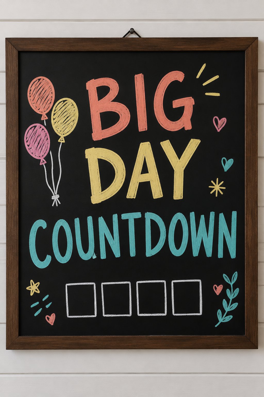 Birthday Bash Countdown: a hand-drawn spring chalkboard sign reading "BIG DAY COUNTDOWN".