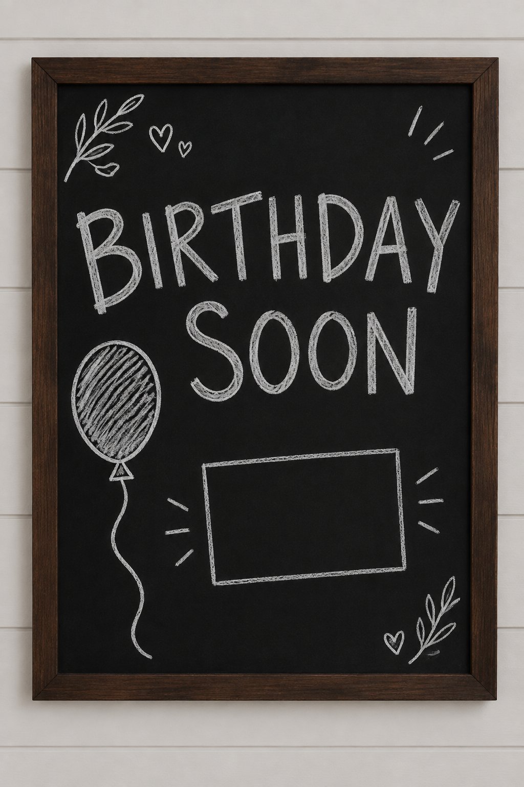 Birthday Countdown: a hand-drawn winter chalkboard sign reading "BIRTHDAY SOON".