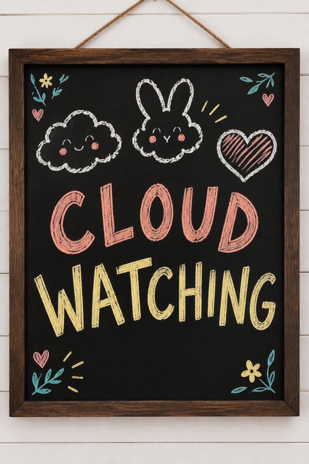 Cloud Watching: a hand-drawn spring chalkboard sign reading "CLOUD WATCHING".