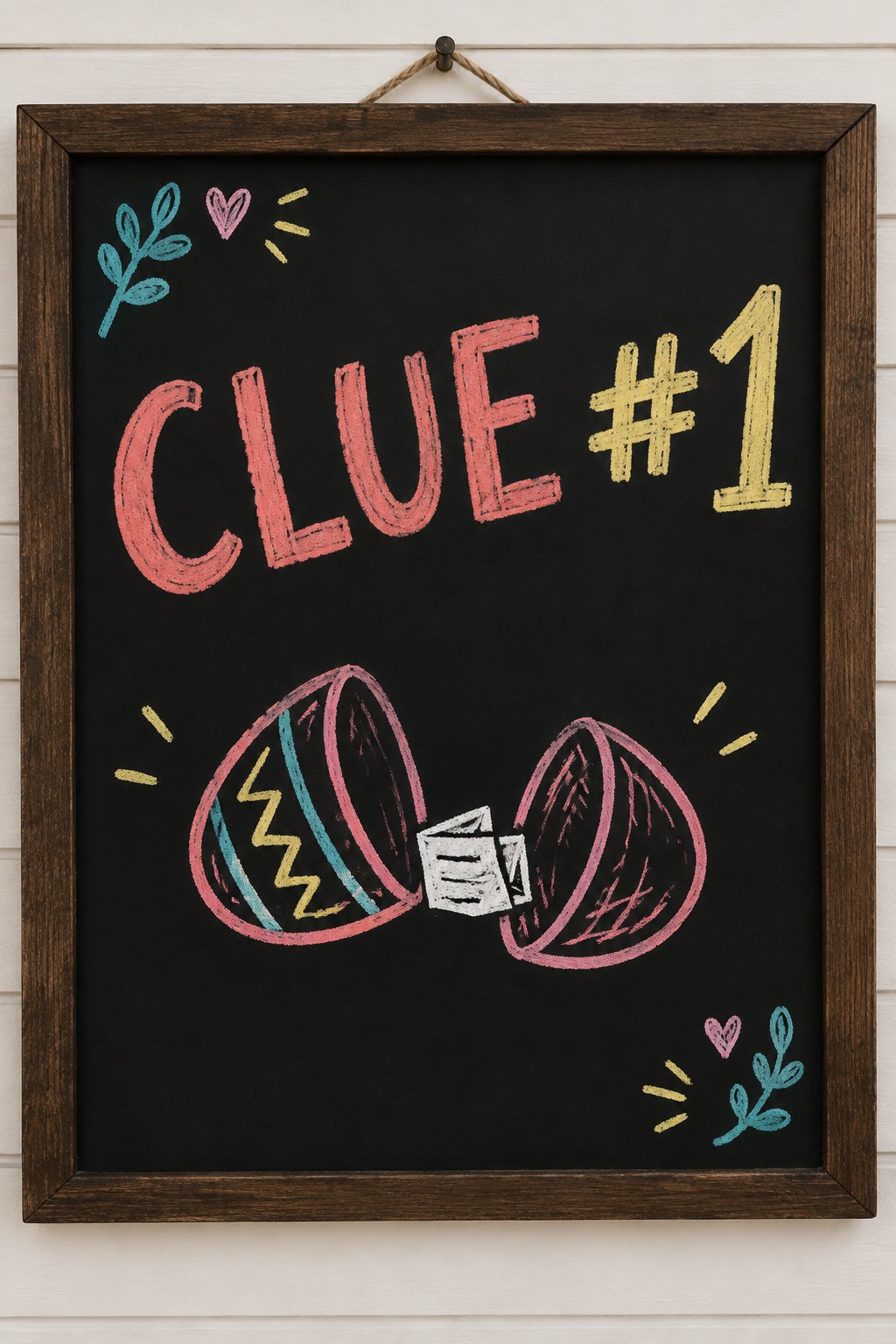 Clue Number One: a hand-drawn spring chalkboard sign reading "CLUE #1".
