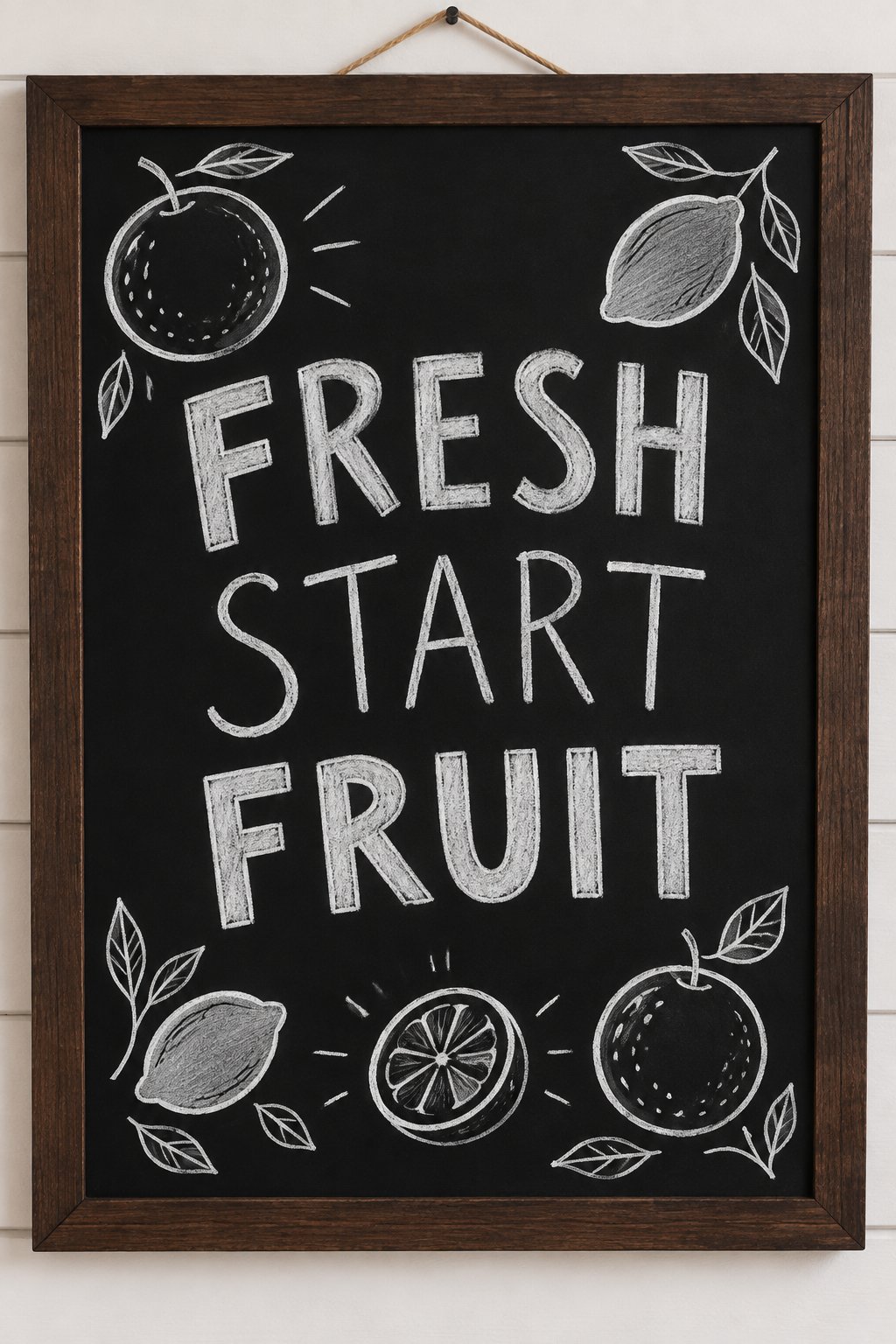 Fresh Start Fruit: a hand-drawn winter chalkboard sign reading "FRESH START FRUIT".