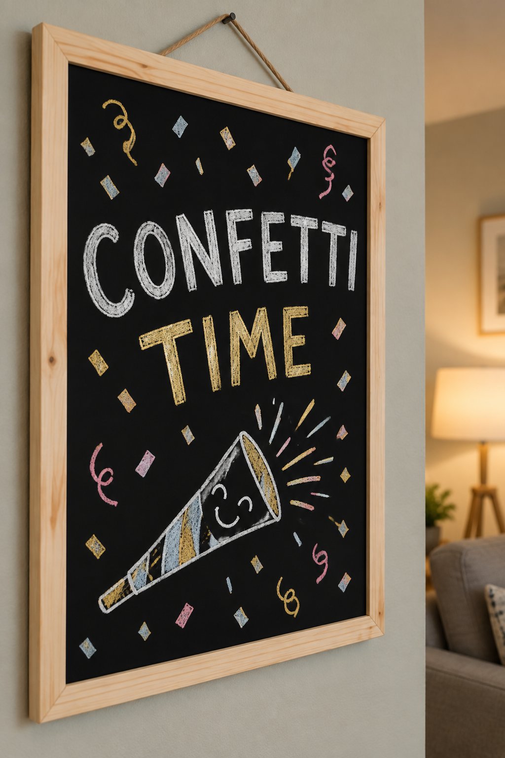 Golden Confetti: a hand-drawn newyear chalkboard sign reading "CONFETTI TIME".
