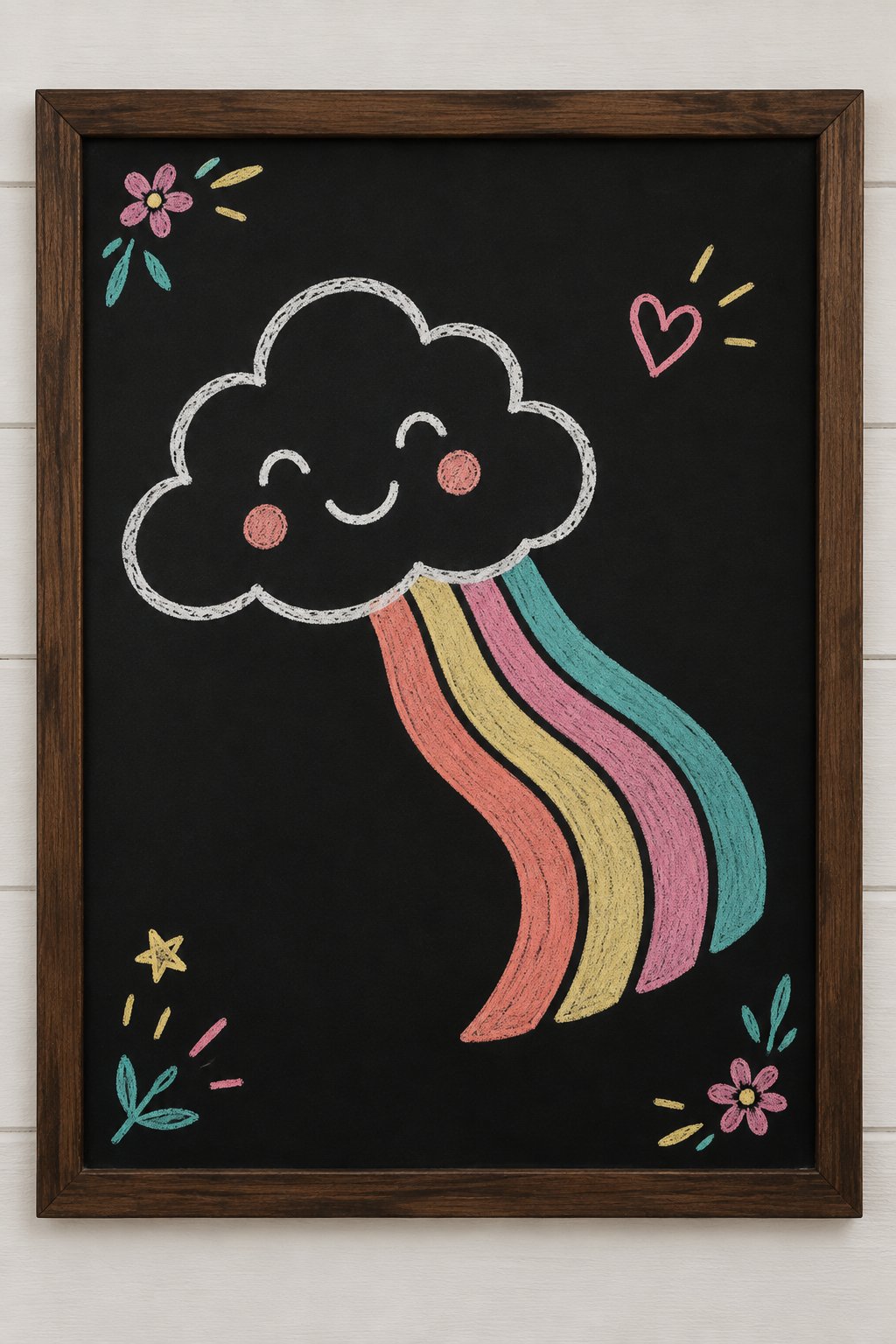 Smiling Rainbow Cloud: a hand-drawn spring chalkboard sign drawn without words, a smiling cloud with a rainbow ribbon.