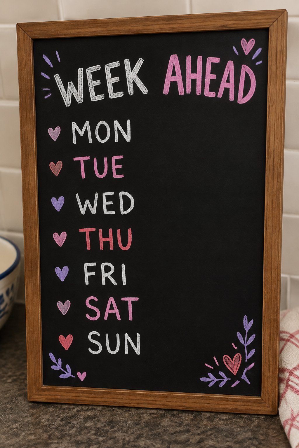 Week Ahead Rows: a hand-drawn valentines chalkboard sign reading "WEEK AHEAD".