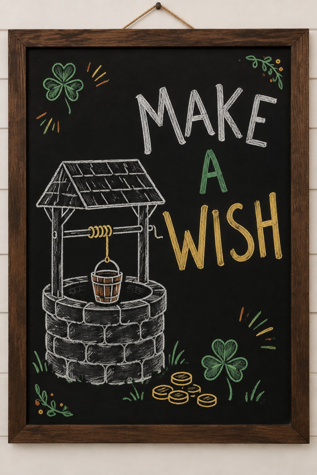 Wishing Well: a hand-drawn stpatricks chalkboard sign reading "MAKE A WISH".