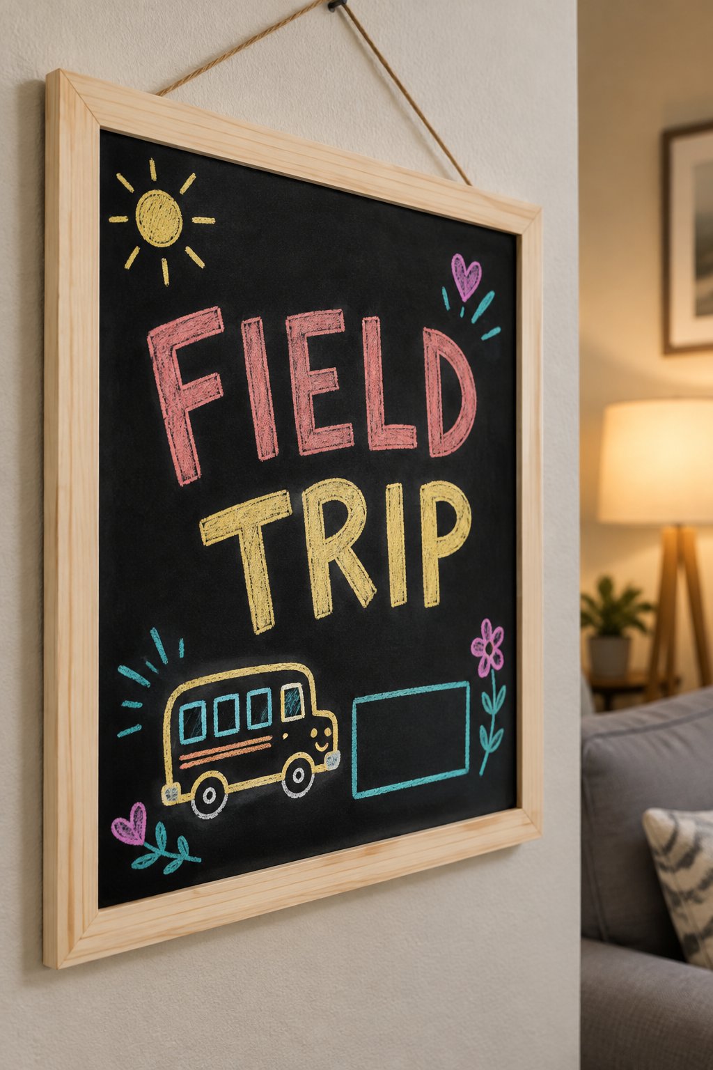 Field Trip Countdown: a hand-drawn spring chalkboard sign reading "FIELD TRIP".