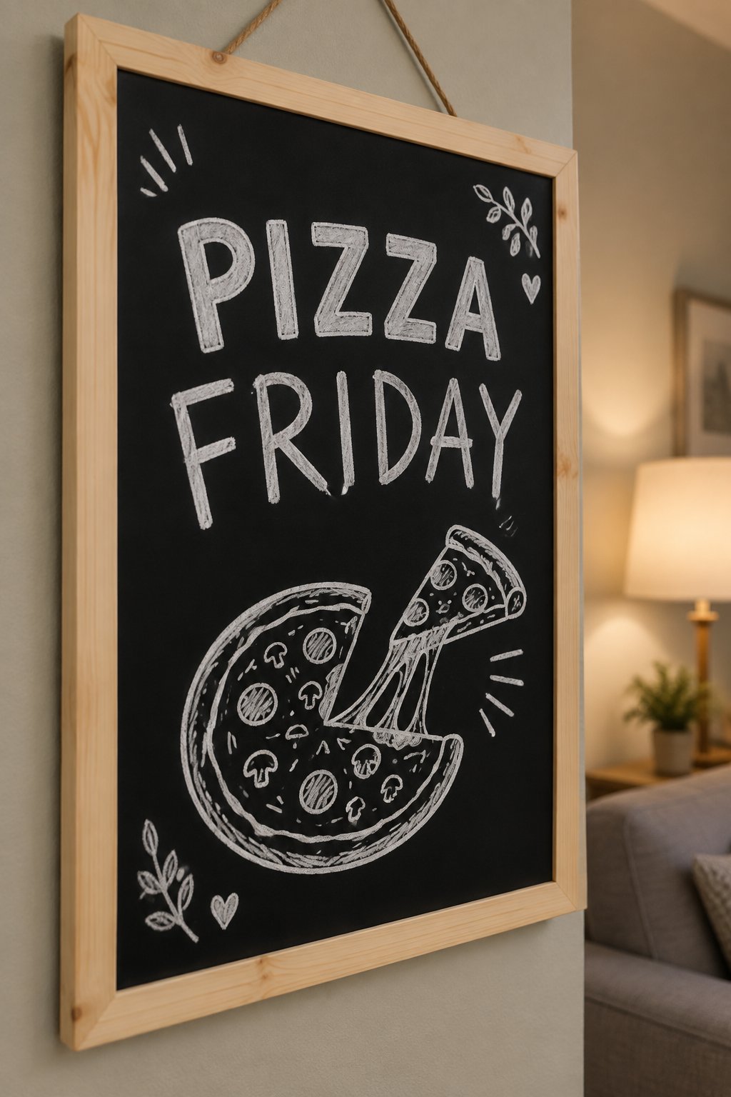 Pizza Friday: a hand-drawn winter chalkboard sign reading "PIZZA FRIDAY".
