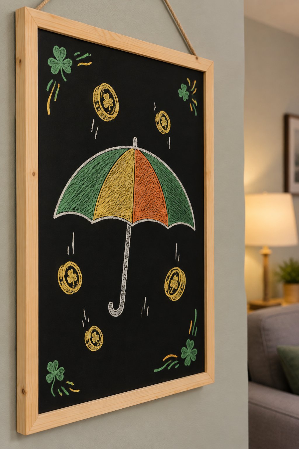 Rainbow Umbrella: a hand-drawn stpatricks chalkboard sign drawn without words, a rainbow umbrella with a few gold coins falling around it.