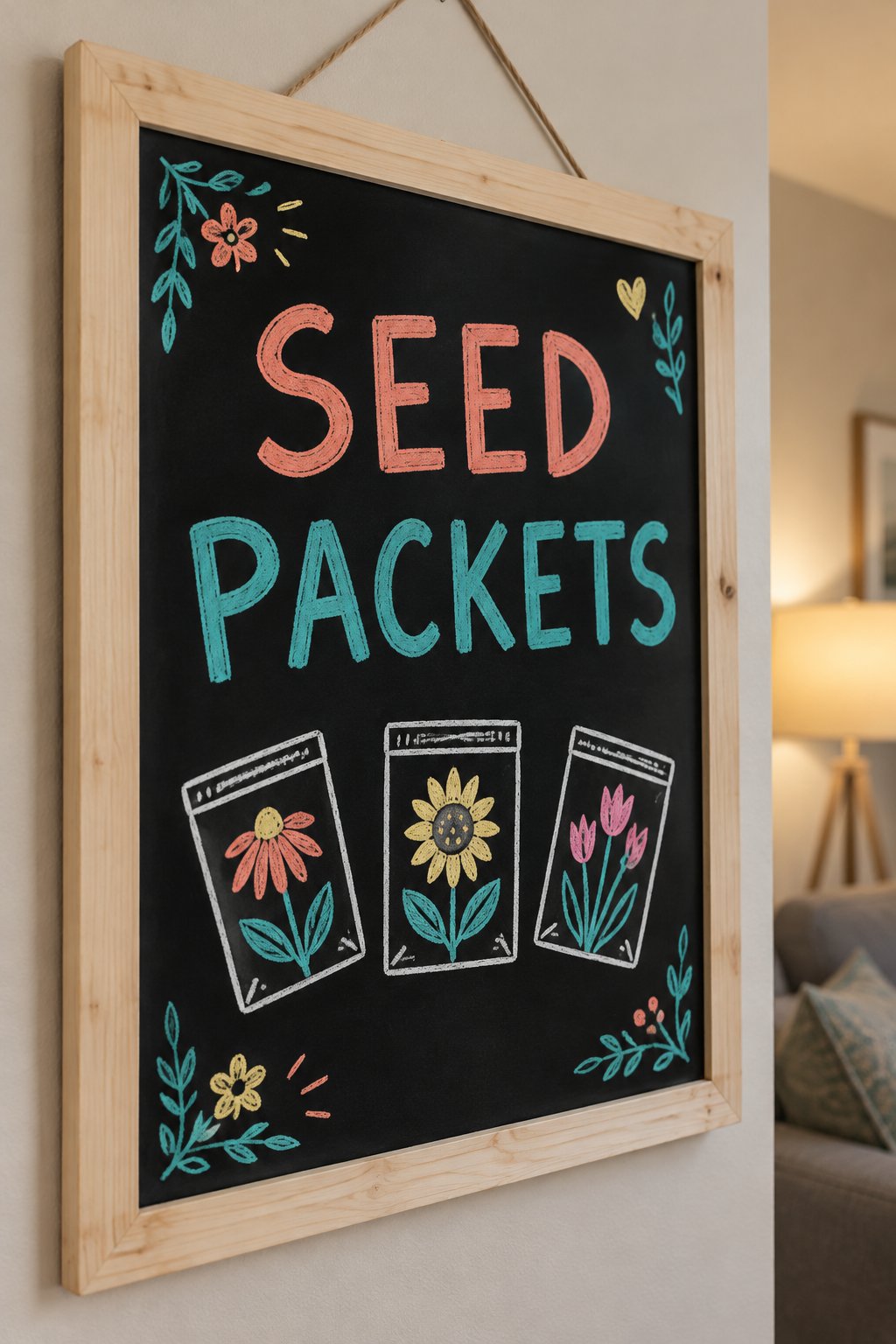 Seed Packets: a hand-drawn spring chalkboard sign reading "SEED PACKETS".