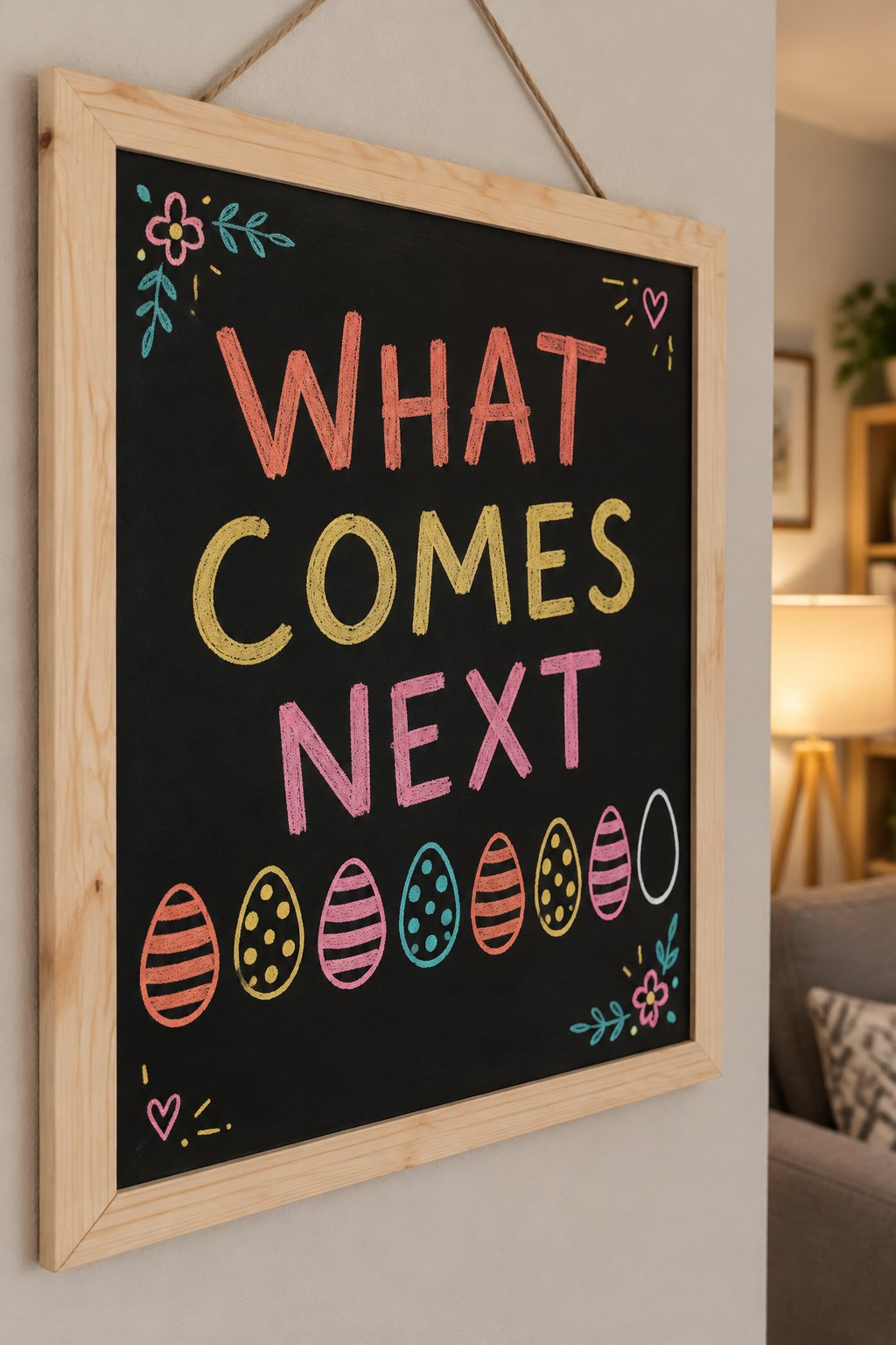 What Comes Next: a hand-drawn spring chalkboard sign reading "WHAT COMES NEXT".