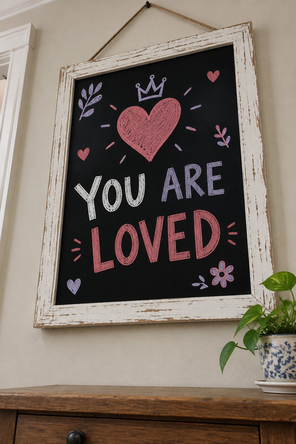You Are Loved: a hand-drawn valentines chalkboard sign reading "YOU ARE LOVED".