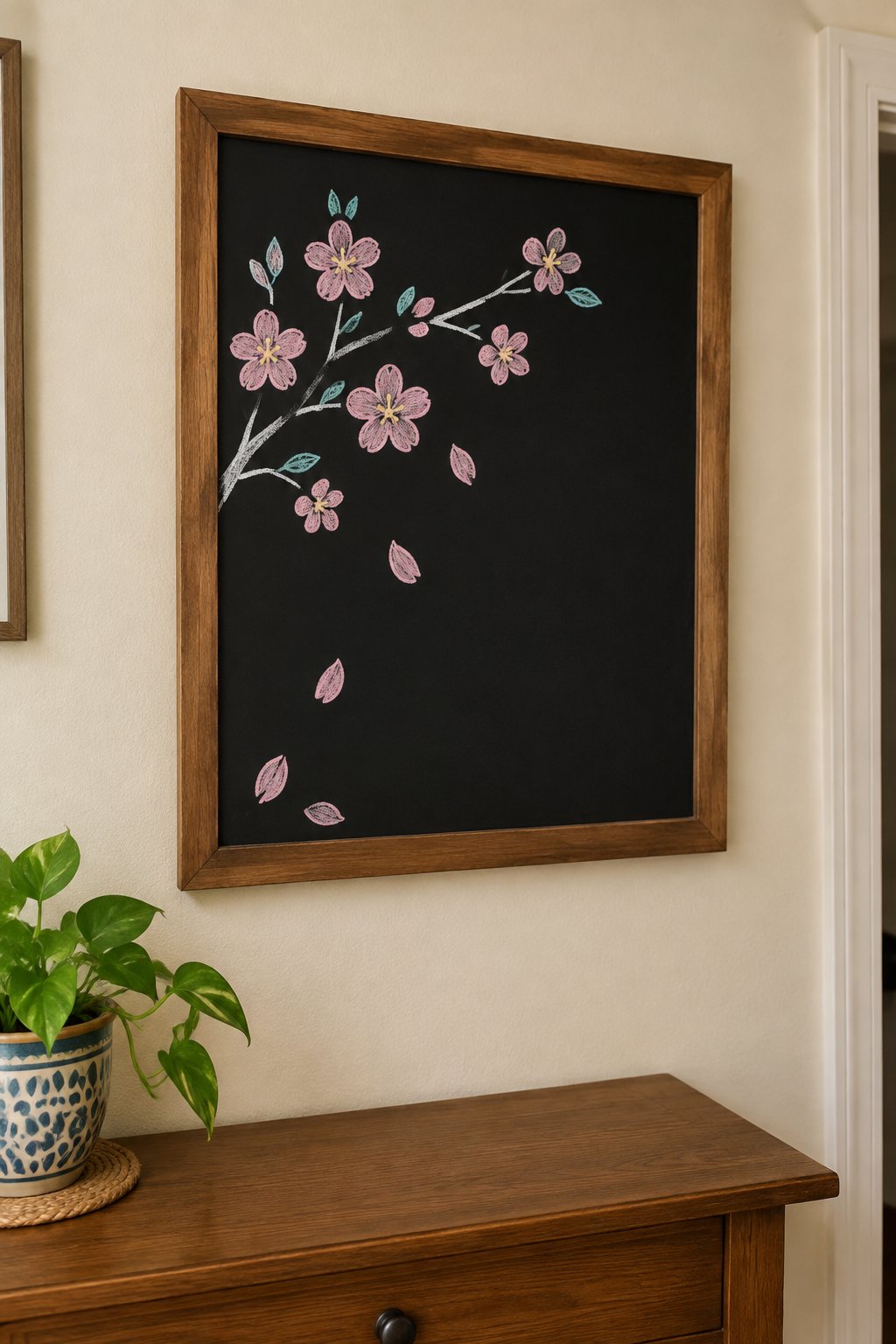 Cherry Blossom Branch: a hand-drawn spring chalkboard sign drawn without words, one branch with pink blossoms and a few falling petals.