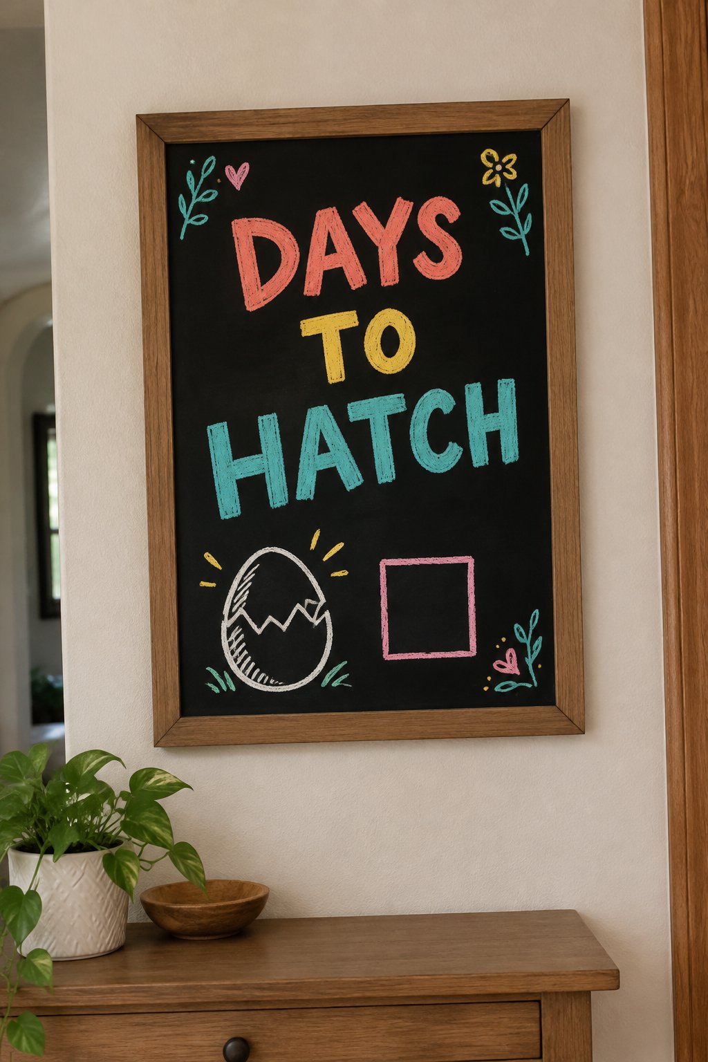 Days to Hatch: a hand-drawn spring chalkboard sign reading "DAYS TO HATCH".