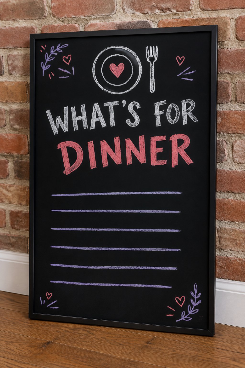 Dinner Hearts: a hand-drawn valentines chalkboard sign reading "WHAT'S FOR DINNER".
