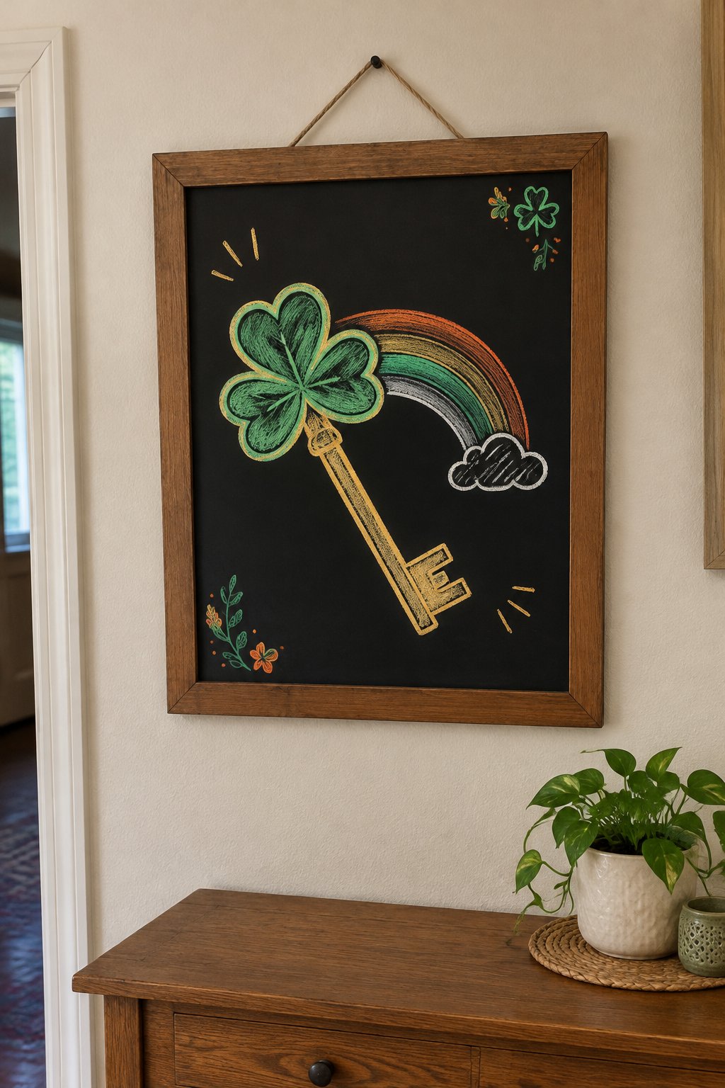 Gold Key: a hand-drawn stpatricks chalkboard sign drawn without words, a big gold key with a shamrock handle and a small rainbow behind it.