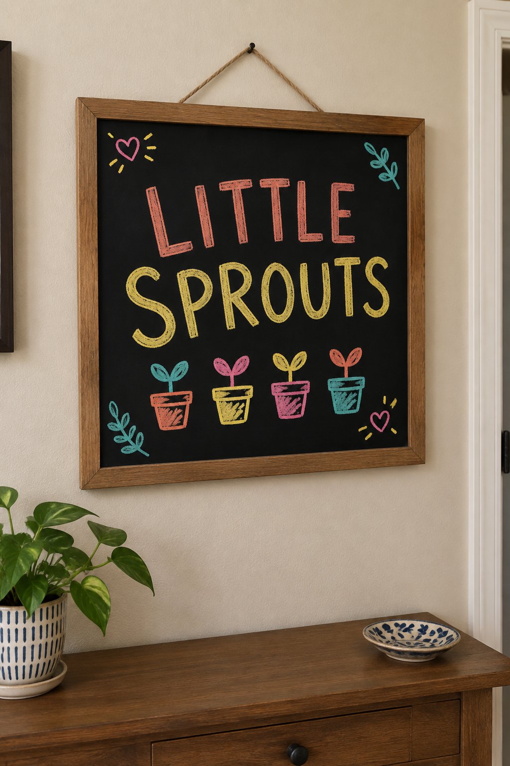Little Sprouts: a hand-drawn spring chalkboard sign reading "LITTLE SPROUTS".